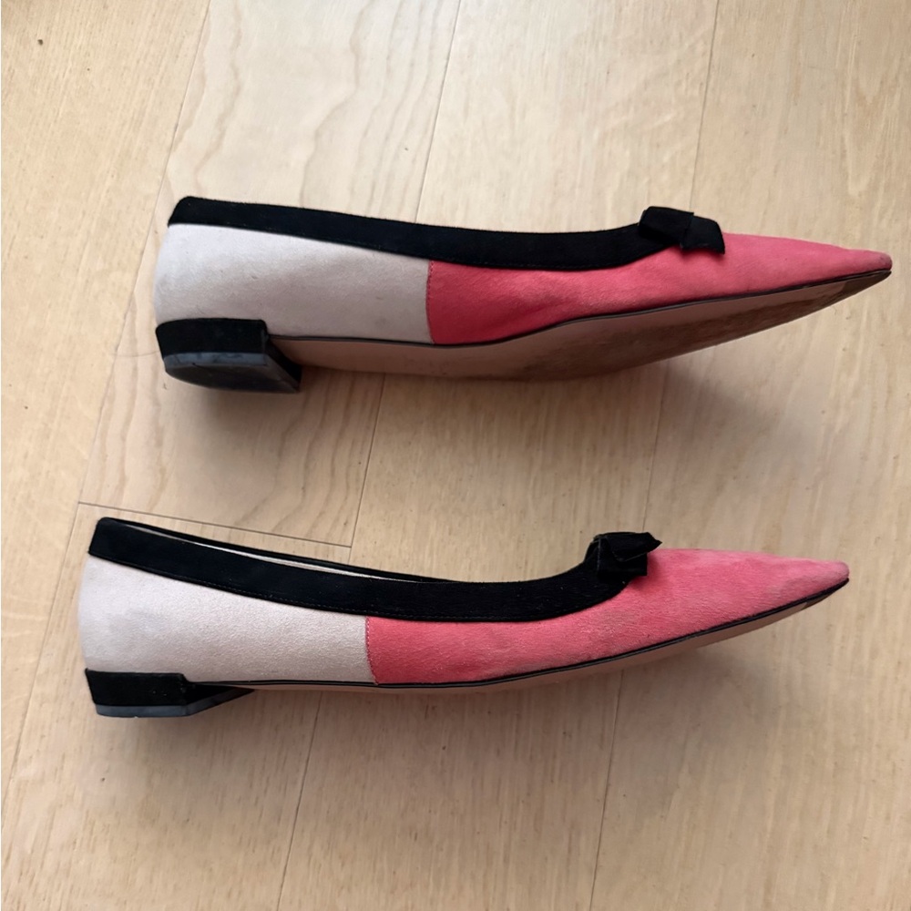 EUC PRADA Pink Suede Color Block Pointed Flats with Black Trim and Bow Size 38 - Picture 4 of 5